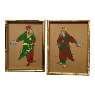 Japanese Figure Paintings in Faux Bamboo Frames - A Pair For Sale