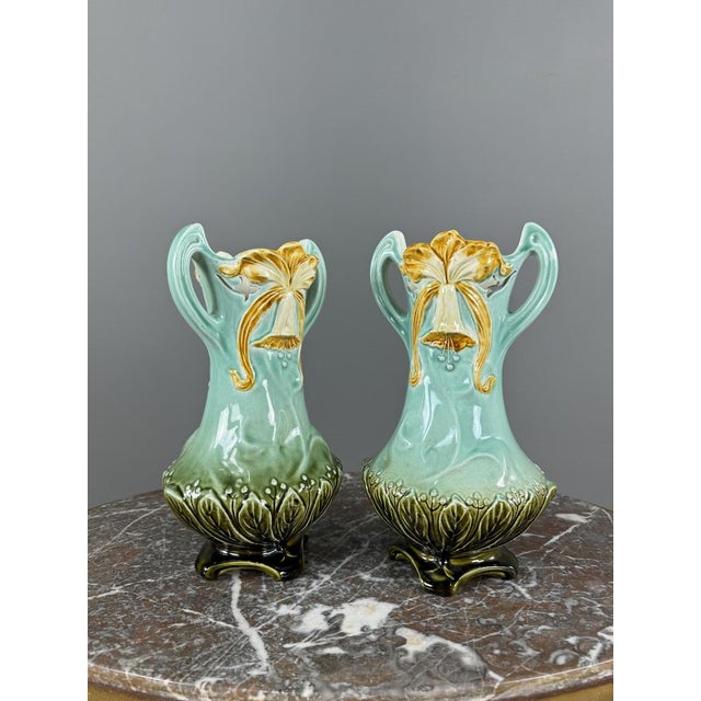 20th Century Art Nouveau Glazed Ceramic Vases with Floral Decoration, Set of 2 For Sale - Image 4 of 10