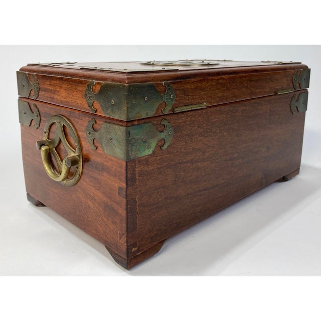 Brown Vintage Asian Wood and Brass Jewelry Box With Bar Lock For Sale - Image 8 of 11