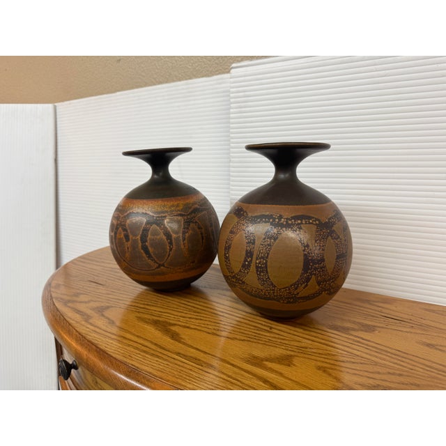 Abstract Designs West Stoneware Pottery Spherical Vases, Set of Two For Sale - Image 3 of 12