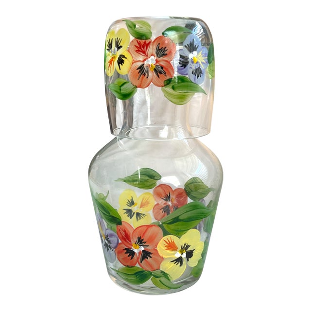 Vintage Hand-Painted Glass Floral Pansy Bedside Water Carafe and Cup For Sale
