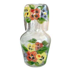 Vintage Hand-Painted Glass Floral Pansy Bedside Water Carafe and Cup