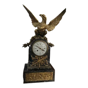 French Antique Marble Figural Bronze Mantel Clock Eagle, Raingo Feres, Circa 1880