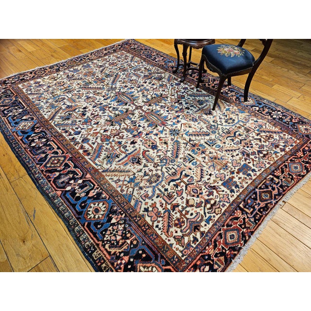 Vintage Persian Heriz Serapi Rug, Hand-Knotted Wool, All-Over Geometric Pattern, Ivory & Blue, 8x10 For Sale - Image 13 of 14