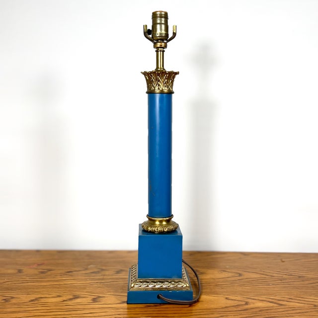 Neoclassical Lapis Lazuli Blue Plated Solid Brass Column Table Lamp For Sale - Image 4 of 13