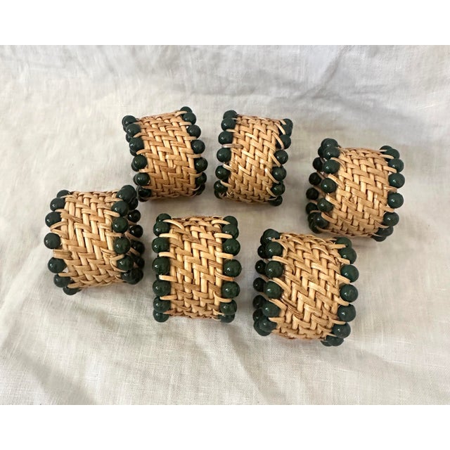 Farmhouse Set of 6 Beaded Rattan Napkin Rings For Sale - Image 3 of 4