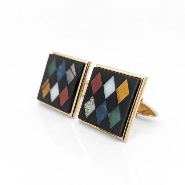 Vintage American Swank Square Brass & Inlaid Stone Cufflinks For Sale - Image 12 of 12