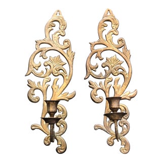 Vintage Mid Century Art Nouveau Brass Wall Candle Sconces-Set of 2 For Sale