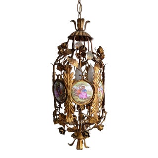 1950's Italian Gilt Metal Tole Swag Chandelier For Sale