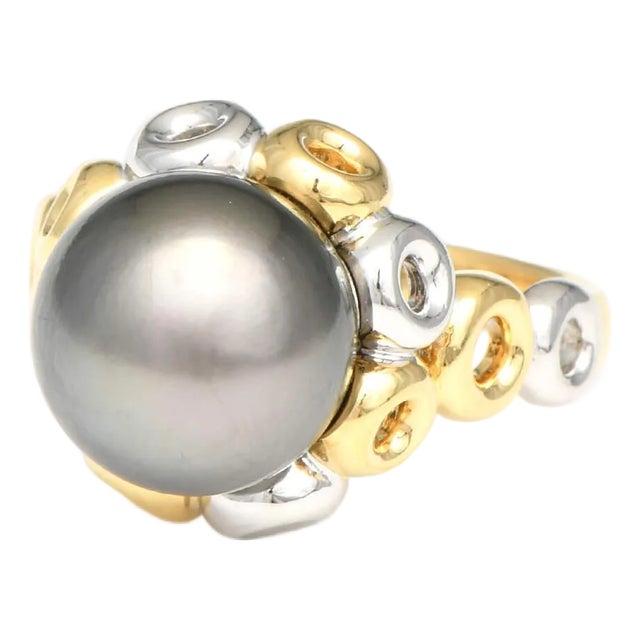 18KYW Black Tahitian Ring, size 11.5 For Sale