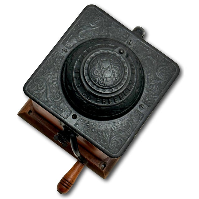 Black Unusual Antique American Cast Iron & Wood Hand Crank Coffee Grinder - Circa Late 19th Century For Sale - Image 8 of 18