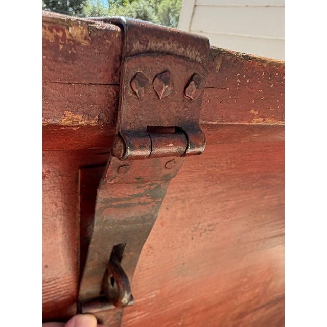 Early 19th Century Original Painted Wood Trunk W/Hand Forged Iron Hardware For Sale - Image 13 of 14