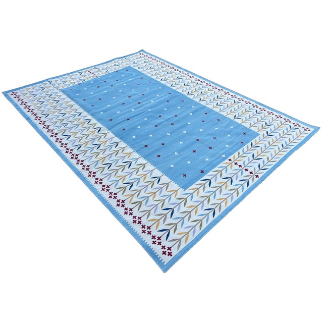 Mid-Century Modern Handmade Cotton Rug, Natural Vegetable Dyed Cream, Blue, Beige and Red Leaf Rug - 9'x12' For Sale - Image 3 of 10