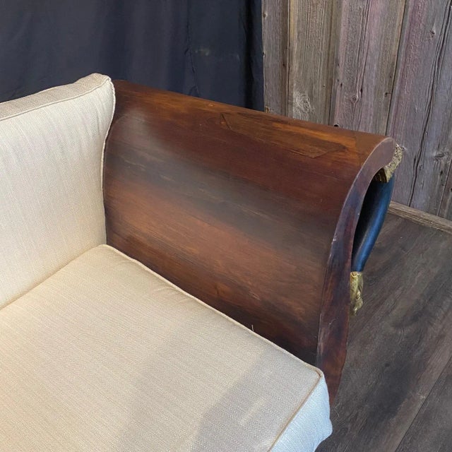 White French Empire Walnut Curvy Sofa With Gilded Swans and New Upholstery For Sale - Image 8 of 13