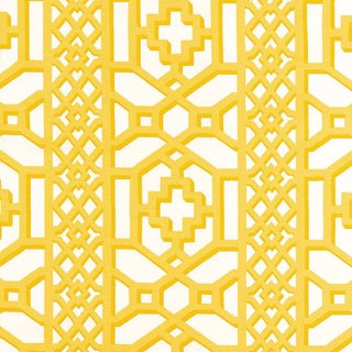 Schumacher Zanzibar Trellis Chintz Fabric in Canary For Sale