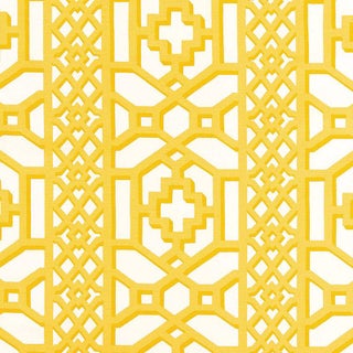 Schumacher Zanzibar Trellis Chintz Fabric in Canary For Sale