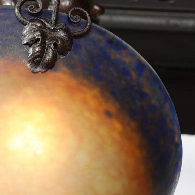 Metal Art Deco Pâte De Verre Blue & Smoked Honey Glass Chandelier W/ Leaf Form Fitting For Sale - Image 7 of 18