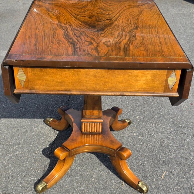 Vintage Regency Revival Rosewood Pedestal Drop-Leaf Table With Drawer, Brass-Mounted Base For Sale In Washington DC - Image 6 of 12