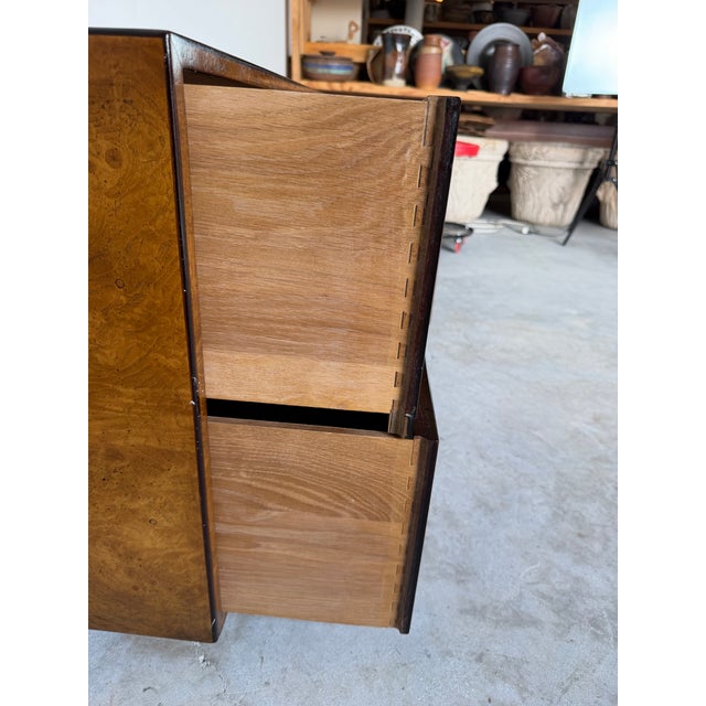 Pair of Vintage John Widdicomb Burl Wood Veneer & Brass Nightstands/ Sold For Sale - Image 9 of 12