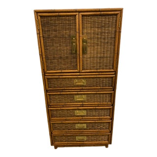 Vintage Coastal Faux Bamboo Tallboy Dresser Wicker Cabinet For Sale