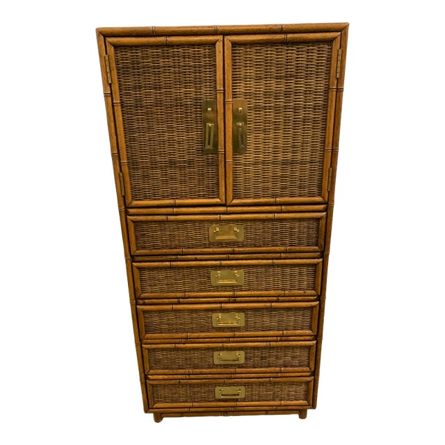 Vintage Faux Bamboo Tallboy Dresser Wicker Cabinet For Sale