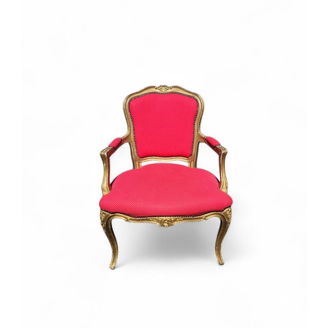 Vintage French Louis XV Style Giltwood Armchair with Rococo Carved Frame and Nailhead Trim, 1940s For Sale - Image 12 of 17