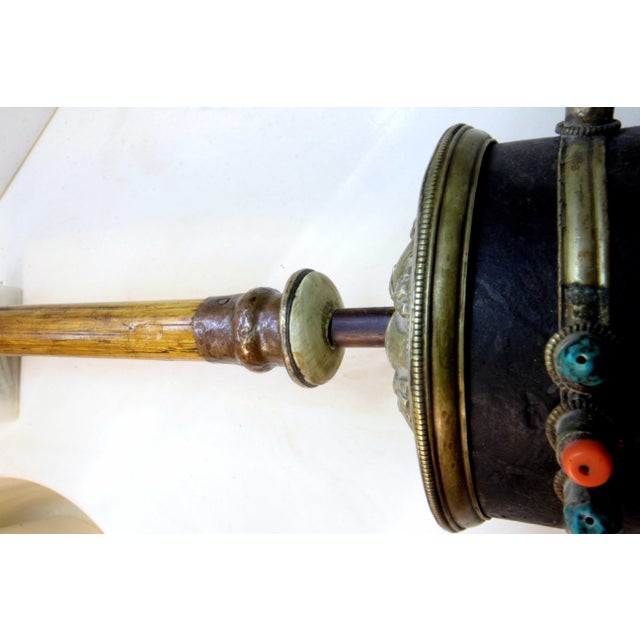 Silver 18" Tibetan Prayer Wheel W/Inner Scroll Inlaid Silver 19th Century Monastery Ritual For Sale - Image 8 of 18