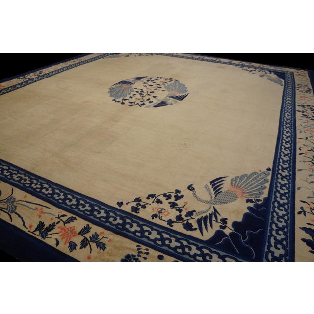 Chinese 1890s Tan Beige Medallion Birds Antique Chinese Peking Rug 15'3'' X 17'4'' Knotted Wool Carpet For Sale - Image 3 of 8