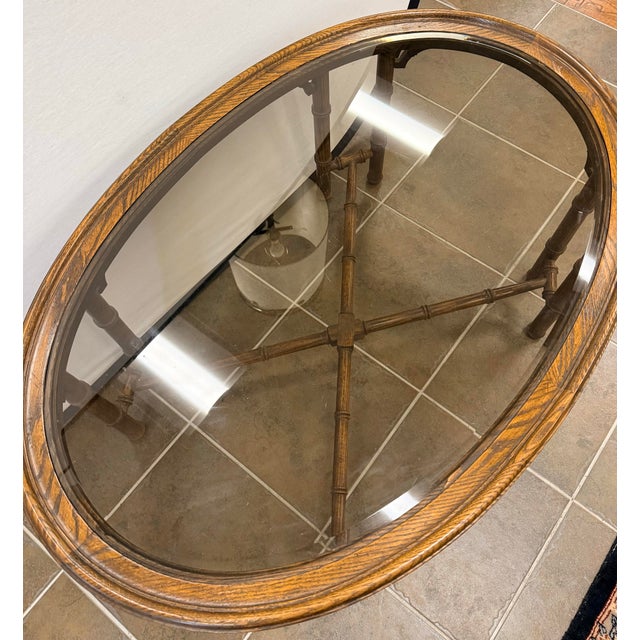 Chinoiserie Vintage Chinoiserie Style Faux Bamboo Oval Glass Coffee Table For Sale - Image 3 of 6