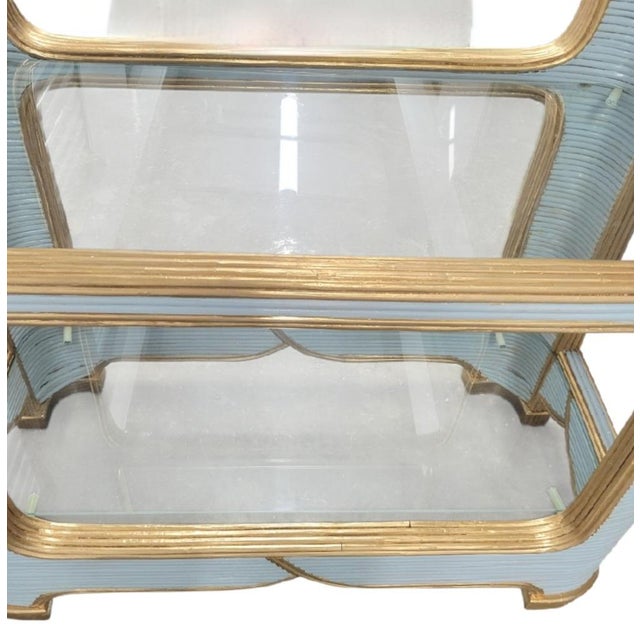 Mid-Century Modern Vintage Custom Painted Baby Blue Gold Arched Pencil Reed Glass Shelving Unit Etagere For Sale - Image 3 of 13