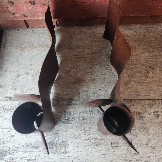 1970s Pair of Vintage Mexican Metal Wall Candle Sconces – 16"x8" Rustic Scroll Design - Rare For Sale - Image 9 of 14