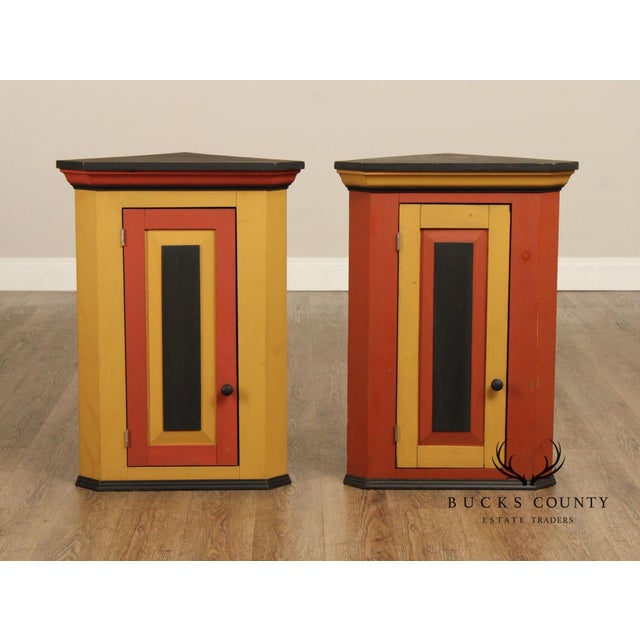 Pair Of Handcrafted Folk Art Painted Pine Corner Cabinets For Sale - Image 12 of 18
