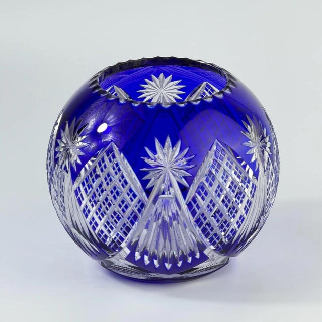 Elegant Bohemian cut crystal bowl in deep cobalt blue, produced in Czechoslovakia during the Art Deco period, circa...