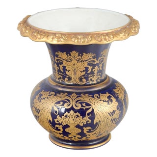 Porcelain Vase with Deep Cobalt Blue Glaze and Gilded Floral Motifs from Rosenthal, 1940s For Sale