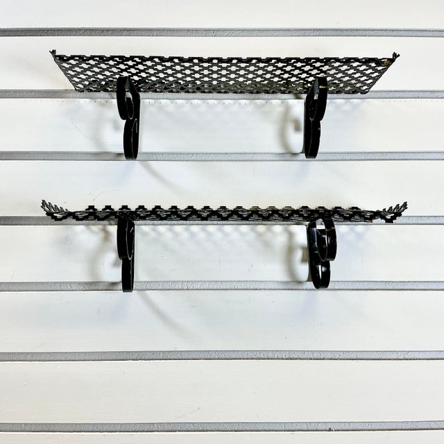 1960s 1960s Mid-Century Modern Boho Chic Pierced Metal Wall Mounted Shelves - A Pair For Sale - Image 5 of 16