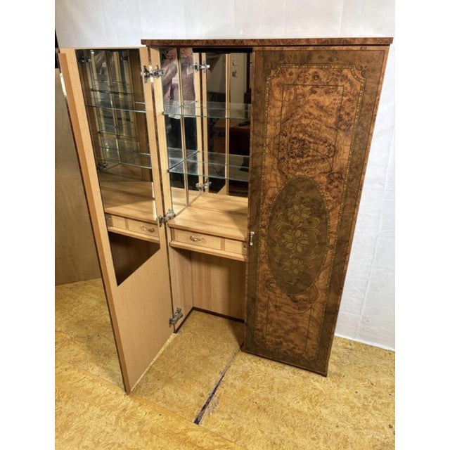 Vintage hollywood-style italian walnut-effect dressing table / cabinet. Glamorous • mirrored interior • stylish storage....
