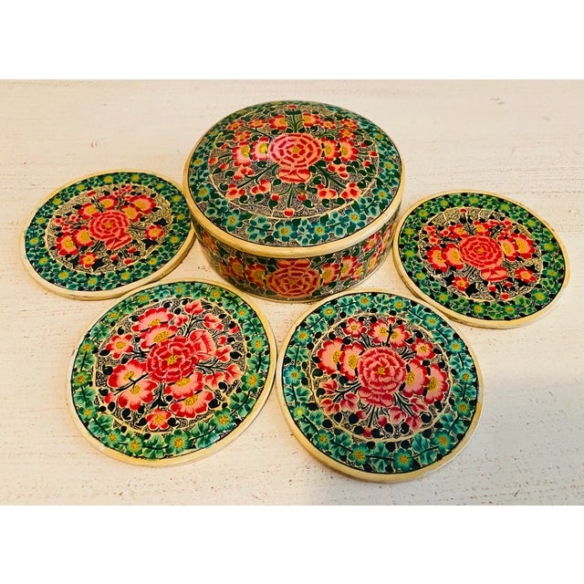 Green Vintage Hand Painted Paper Mâche Coasters Set With Box - Set of 5 For Sale - Image 8 of 8