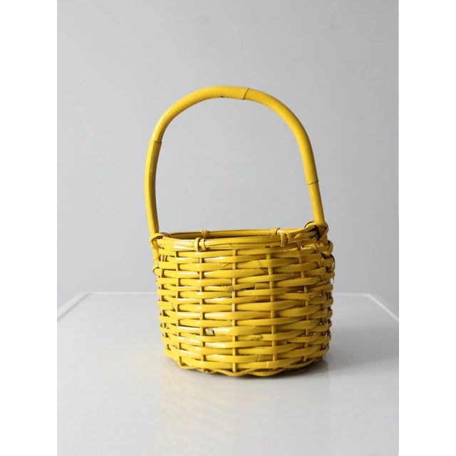 Wood Vintage Yellow Wicker Handle Basket For Sale - Image 7 of 12