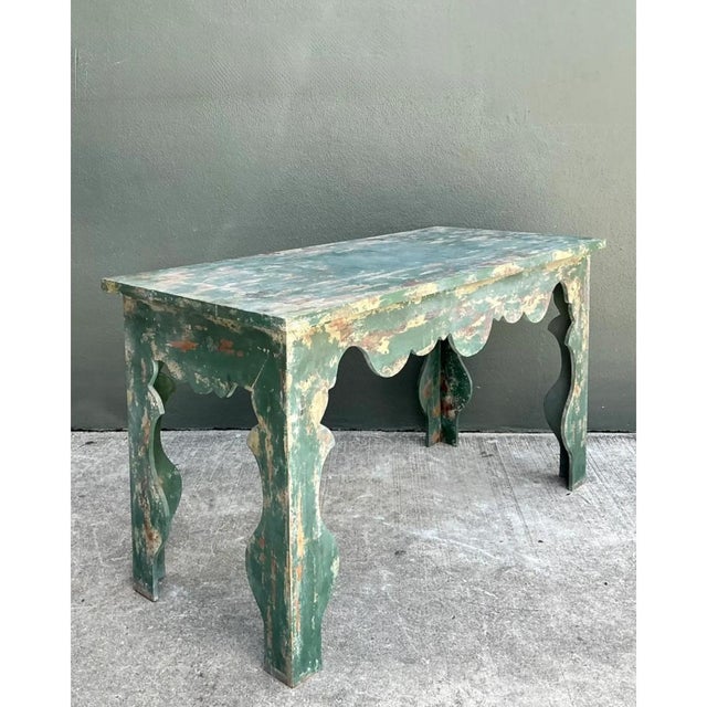 Late 20th Century Vintage Distressed Scalloped Green Wood Table For Sale - Image 5 of 14