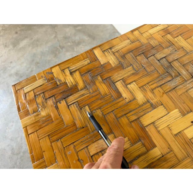 Vintage Parsons-Style Italian Patchwork Bamboo Side Table With Glass Top For Sale - Image 11 of 12