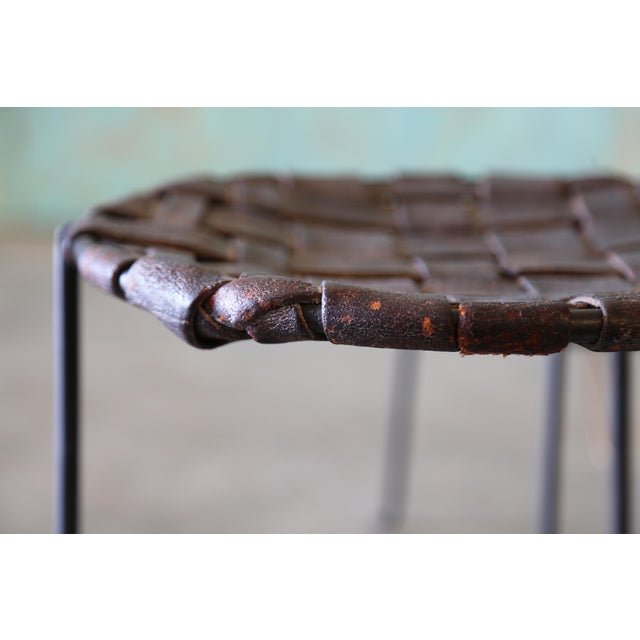 A Set of 4 1940's Swift and Monell Woven Leather and Iron Stools Mid Century Modern For Sale - Image 9 of 17