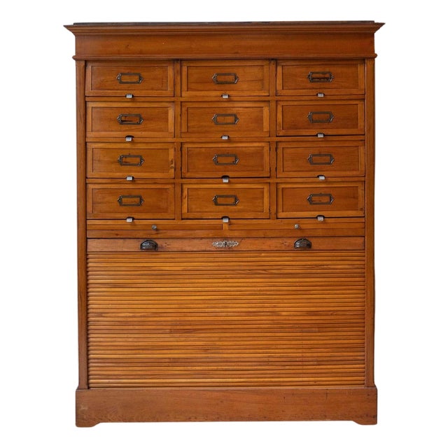 Early 20th Century Italian Wooden Filing Cabinet with Tambour Door For Sale