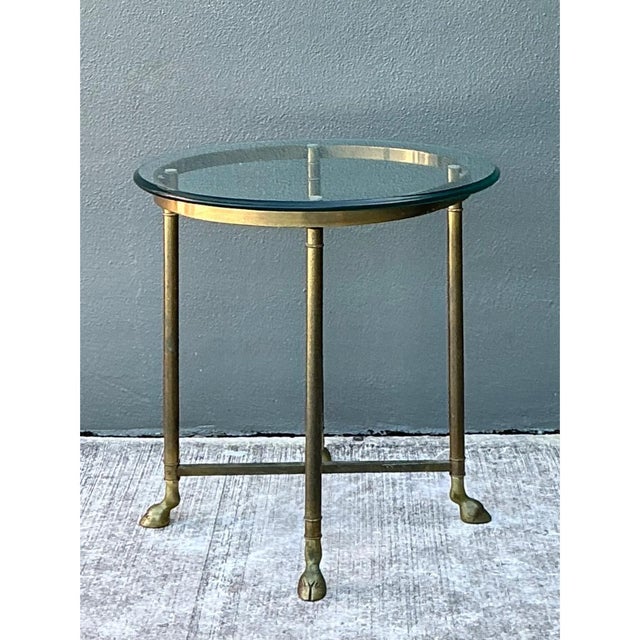 Metal Vintage Brass and Glass Hoof Footed Side Table After LaBarge For Sale - Image 7 of 12