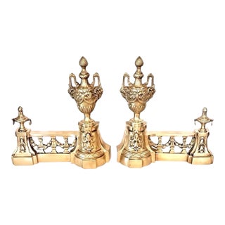 Vintage Castillan Louis XVI French Style Cast Brass Fireplace Andirons Chenets ~ a Pair For Sale