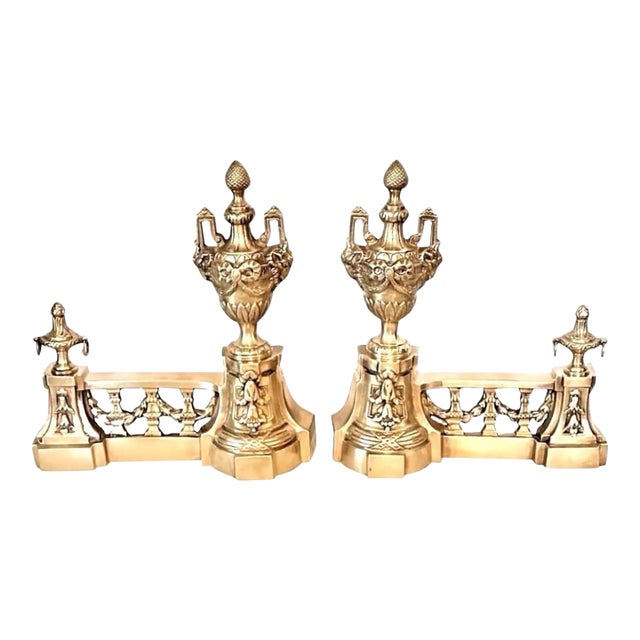 Vintage Castillan Louis XVI French Style Cast Brass Fireplace Andirons Chenets ~ a Pair For Sale