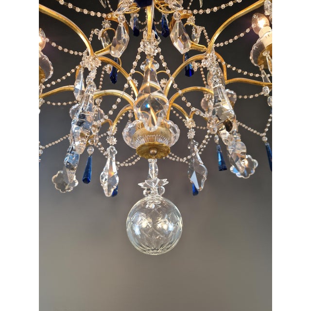 Glass Vintage Venetian Rococo Style Crystal Chandelier Cobalt Blue and Clear Crystals For Sale - Image 7 of 12