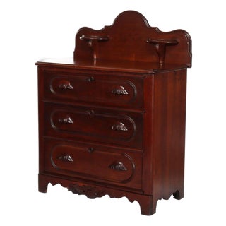 Antique Carved Walnut 3-Drawer Commode With Backsplash & Shelves Circa 1890 For Sale