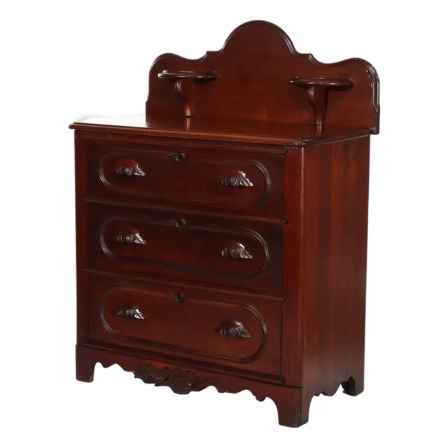 Antique Carved Walnut 3-Drawer Commode With Backsplash & Shelves Circa 1890 For Sale