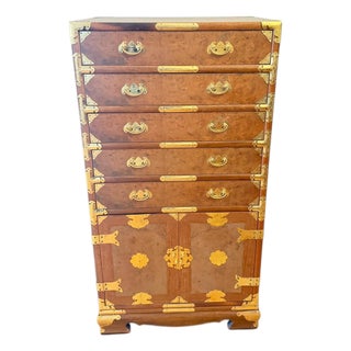 Antique Burlwood Campaign Chest With Brass Hardware – 5 Drawers Over Cabinet For Sale