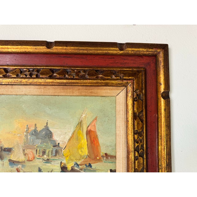Blue 1970s Vintage Venice Coastal - Sailboat Landscape Scene Oil Painting by L. Porino For Sale - Image 8 of 12